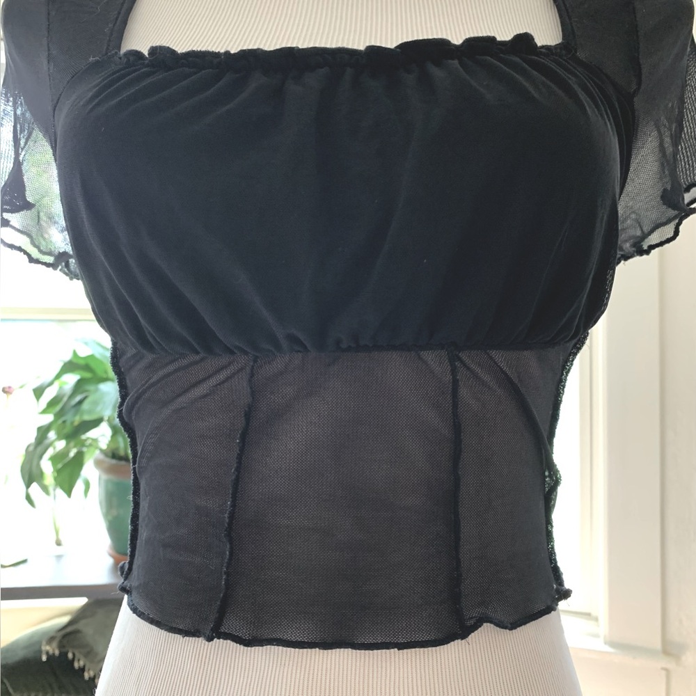 Shein Sheer Black Cropped Ruched Blouse with lettuce edges XS 3/$15